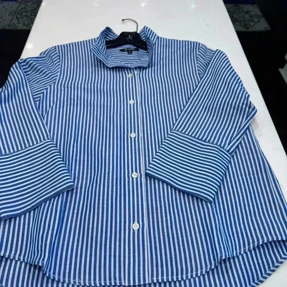 KARL RIEMAN Striped Button Front Pinpoint Oxford Shirt  Blue White Stripes Sz S - Picture 5 of 8